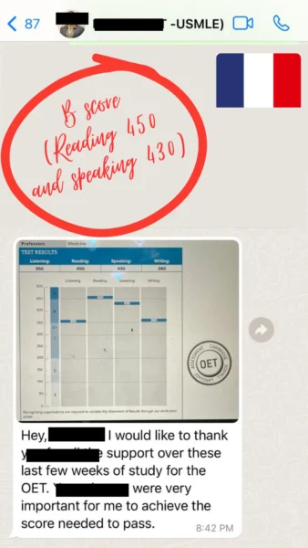 WhatsApp message from a student in 🇫🇷 France showing their OET B score result